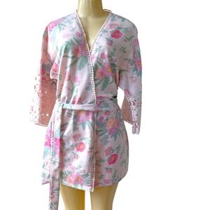 Flora Nikrooz Floral Lace Sleeve Robe • Pink Boho Kimono Tie Waist Perfect